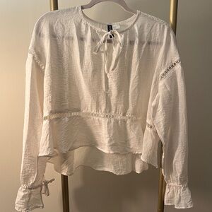 Cream Lace-Trim Peasant Blouse with Tie Neck